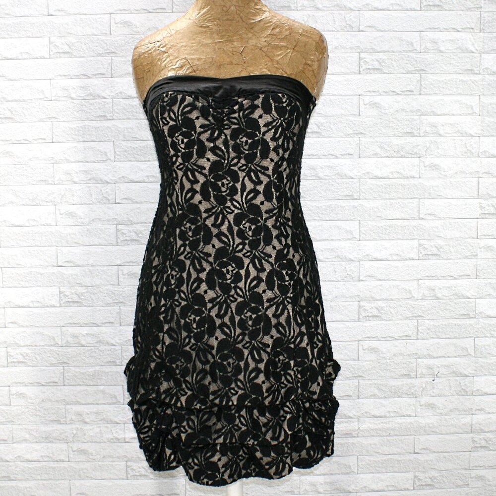 STUDIO Y Dress Strapless Floral Lace Bubble Hem Bustier Tube Mini Black Small